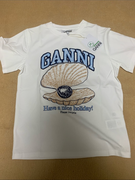 Ganni Tops - Ganni White Tee with Blue Logo & Beige Shell Graphic